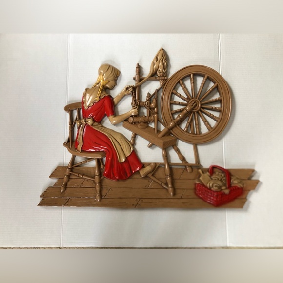 Vtg 70s Girl Spinning Yarn Wall Art - Picture 2 of 15